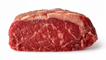 Obraz premium Grassfed beef steak slice with visible marbling and deep red color on white background, freshly cut gourmet meat