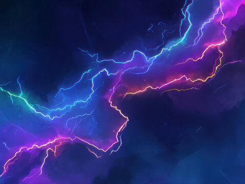 Abstract neon lightning against a cosmic backdrop in vibrant colors, featuring electric blue and purple bolts set in deep dark blues and purples Includes faint celestial bodies and a s - AI-Generated
