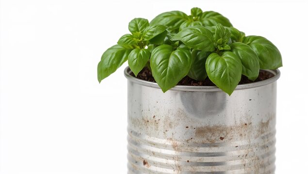Recycled tin can used as herb planter with fresh basil leaves overflowing on white background for sustainable gardening