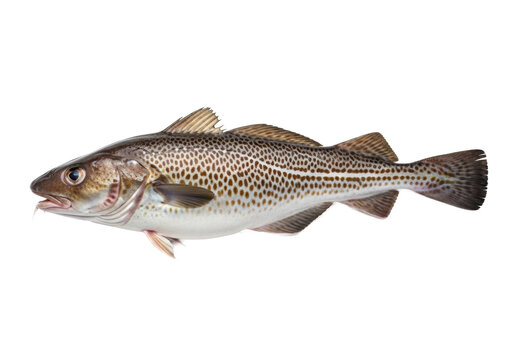 Fresh Atlantic cod, dark mottled scales, pearlescent underside, extended fins, barbel, clear eyes, on white background with copy space. Seafood quality concept