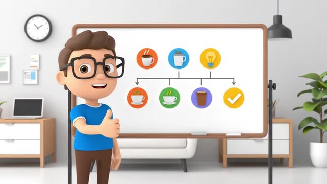 Cartoon man presenting on whiteboard with floating around office background for business education and presentation concepts