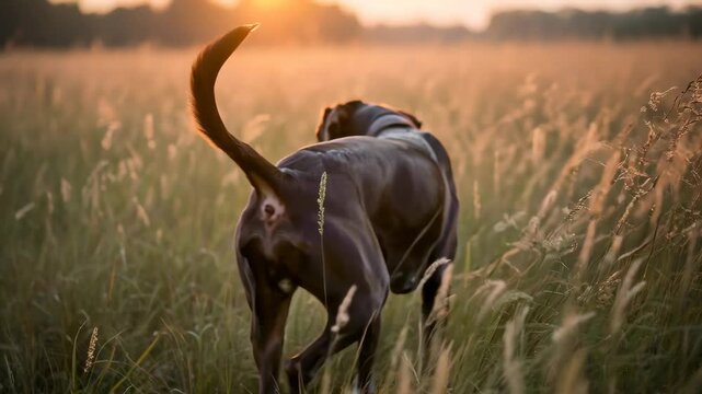 A brown hunting dog searches through tall grass in a field during a golden sunset, tracking scents outdoors