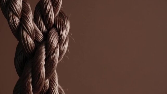 A rope is twisted and knotted. The rope is brown and the knot is in the middle of the rope