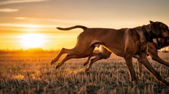 Two rhodesian ridgeback dogs running and jumping together across golden field during sunset, playful animal motion