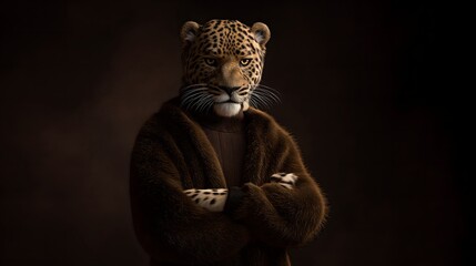 Obraz premium Tiger wearing brown sweater standing against a dark background
