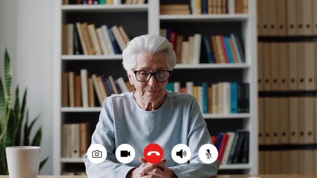 A woman is sitting at a desk with a computer screen in front of her. The screen shows a video call with a red button that says "Call." The woman is wearing glasses and he is focused on the call