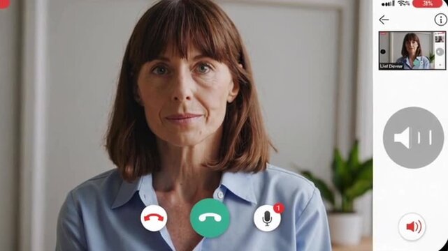A woman is on a video call with a man. The woman is wearing a blue shirt and has a green button on her shirt. The man is on the other end of the call