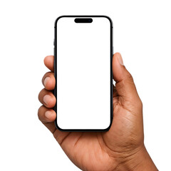 Realistic Medium-Tone Hand Holding Modern Black Smartphone with Blank White Screen Isolated on Transparent Background PNG file for App, UI, and Mockup Design