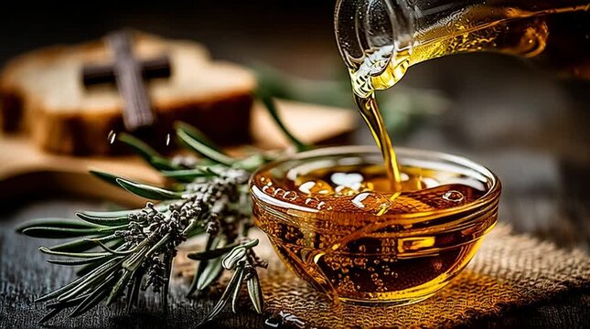 Olive Oil Pouring Scene: The image captures a detailed shot of pouring olive oil into a bowl, alongside fresh rosemary and a slice of bread and a cross in background.