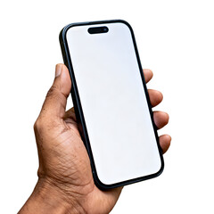 Realistic Medium-Tone Hand Holding Modern Black Smartphone with Blank White Screen Isolated on Transparent Background PNG file for App, UI, and Mockup Design
