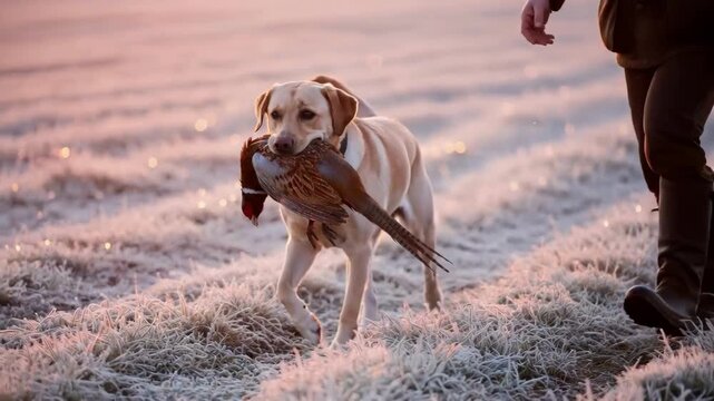 Hunting dog retrieving pheasant during hunt. Retriever dog walking with hunter in frosty field for hunting season.