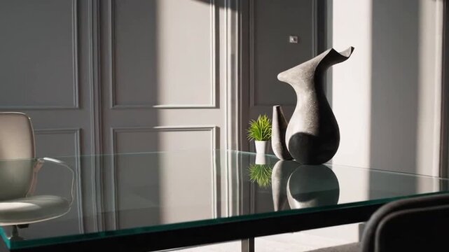 A glass table with a vase of green plants on it. The table is surrounded by a chair and a door. The room is well lit and has a modern, minimalist feel