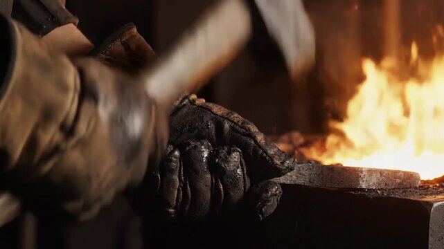 Close-up of a blacksmith hammering hot metal in a forge with flames