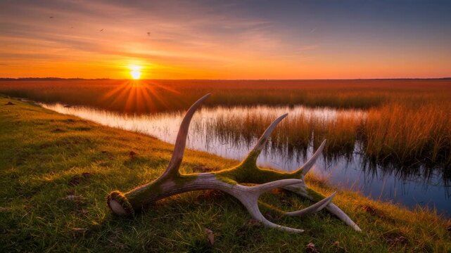 Shed deer antler on grass by a tranquil pond with a radiant sunset, evoking outdoor wilderness and hunting season