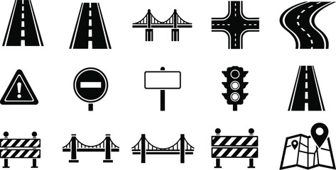 Road and traffic icons set with highway bridge signs signals barriers and map for transportation navigation infrastructure illustration design © Hanif World