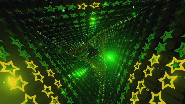 Dynamic sci-fi tunnel loop with glowing star patterns and electronic energy for high-tech club visuals, electronic music festivals, stage screens and for LED video walls