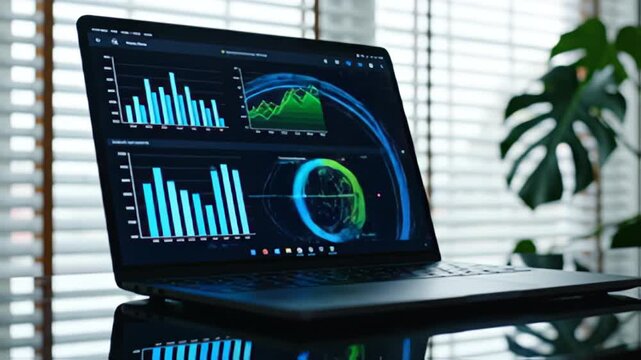 Laptop displaying data visualization charts for analysis and business