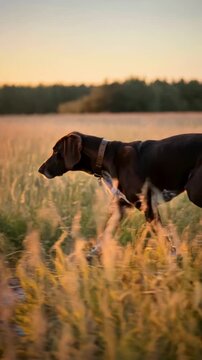 German shorthaired pointer dog searching through tall grass during golden hour. Hunting dog on a field mission at sunrise or sunset. Vertical video