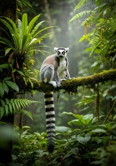 Fototapeta premium Ring-tailed Lemur in Lush Madagascar Rainforest - A Wildlife Portrait.