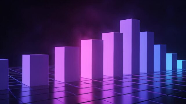 Growing bar chart with neon lights for data visualization and business trends