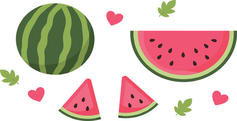 Cute Watermelon Slice and Whole Fruit Set with Leaves and Hearts Isolated on White Background Flat Cartoon Vector