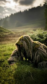 Sniper man in ghillie suit lying on wet grass, stalking through fields. Hunter camouflaged for hunting in natural environment habitat. Vertical video