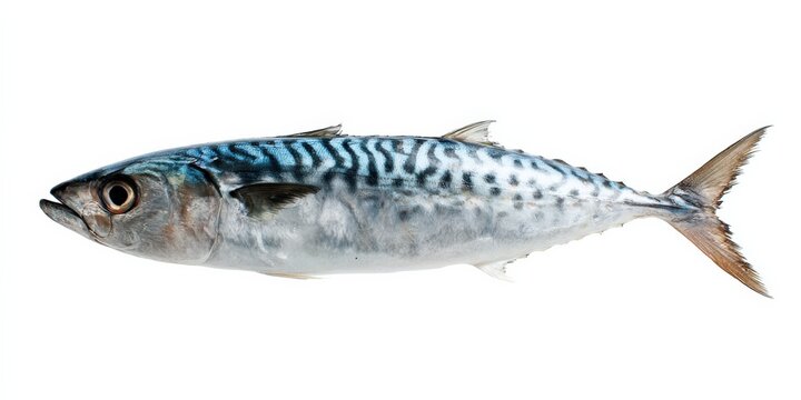 Side view of a spanish mackerel with distinct blue patterns on white background