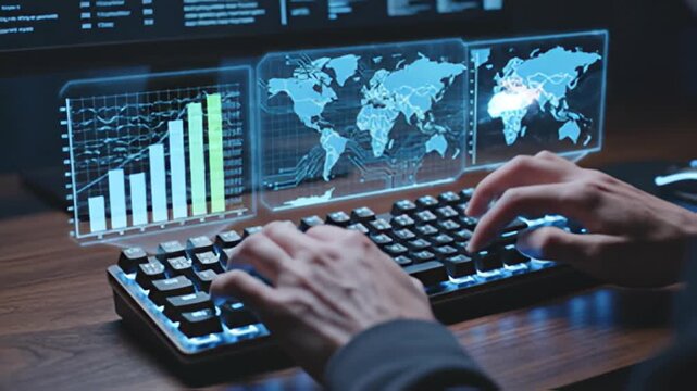 Hands type on illuminated keyboard overlays with data visualizations