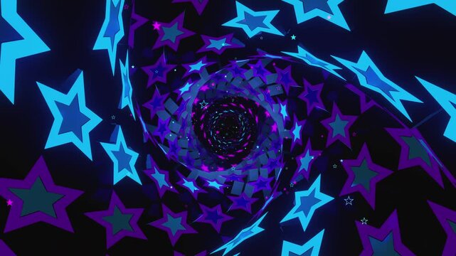 Seamless VJ loop with glowing neon stars spiral tunnel and psychedelic motion for high-tech club visuals, electronic music festivals, stage screens and for LED video walls