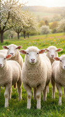 Fototapeta premium A flock of fluffy white sheep and lambs stands in a lush green meadow. In the background, there are blooming fruit trees and rolling hills under soft spring sunlight.