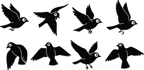 Obraz premium A group of birds in silhouette are flying against a white background