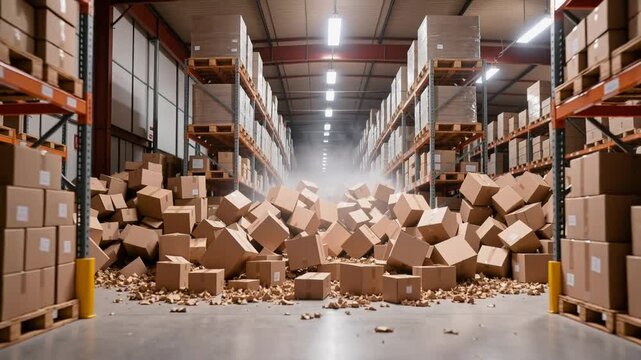 Warehouse worker trapped under pile of falling cardboard boxes. Logistic accident and workplace safety failure. Panning camera movement.