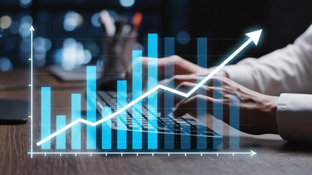 Hands typing keyboard with rising arrow graph overlay for business growth