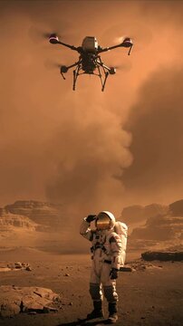 Mars colonist interacting with hexacopter at landing site. Vertical view of astronaut signaling autonomous drone on red planet.