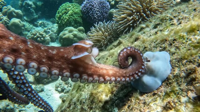 Close-up of a large octopus moving its tentacles over a coral reef underwater.