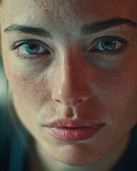 Fototapeta premium Young woman with freckles and intense blue eyes in soft natural light close up portrait