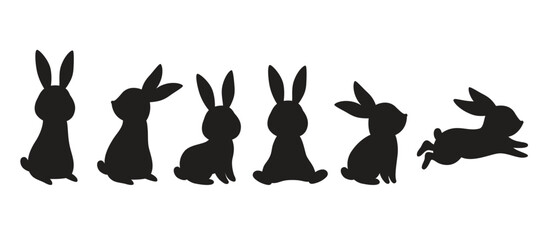 Easter bunny rabbit silhouette vector illustration bundle featuring six black rabbit shapes. Includes sitting, standing, and jumping rabbits, along with carrots, flowers, and an Easter egg.