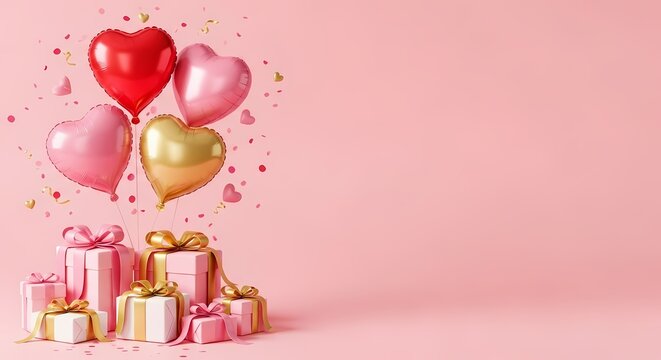 Heart shaped balloons and gift boxes on pink background for Valentine's Day celebration and romantic love concept