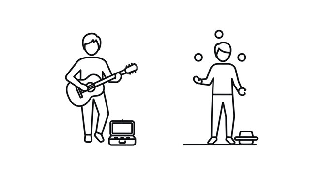 Street performers with a musician and juggler simple line silhouette