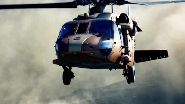 Military helicopter landing on dusty terrain during tactical mission. Forward camera movement and zoom in.