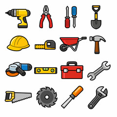 A comprehensive set of essential construction and home improvement tools in a vibrant icon style isolated on transparent background, isolated on white background, Vector