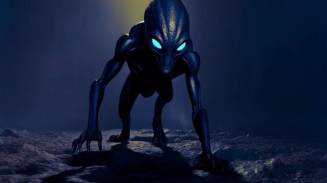 Atmospheric 4K Shot of Giant Alien Shadow Stretching and Crawling Across Industrial Floor