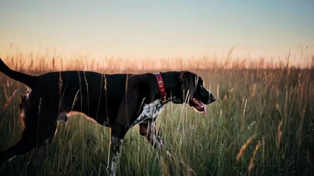 Dog sitting, walking, and stalking in tall grass at sunset. Hunting breed pointer dog tracking in field.