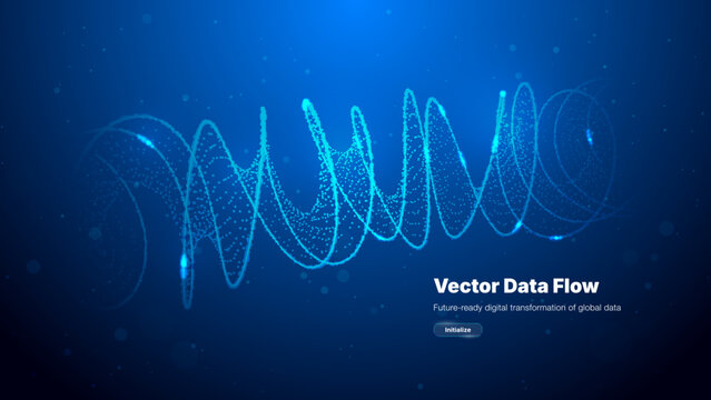 Abstract blue vector background with glowing data flow spiral. Futuristic digital technology concept showing internet stream, cyber signal and science dna structure. Tech web banner design.