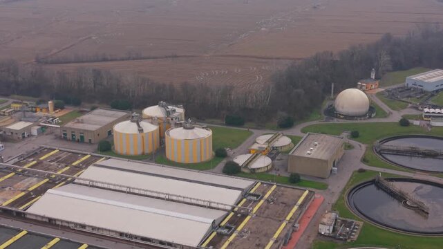 Aerial view of a wastewater treatment plant and biogas facility