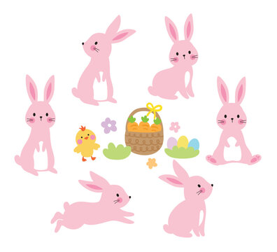 Cute Easter bunny vector illustration set featuring bunnies in various poses, including sitting, standing, and jumping. Includes additional elements such as carrots, Easter eggs, and a baby chick.