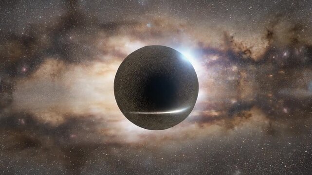 A spherical planetoid with a glowing line, set against a backdrop of stars and nebulas