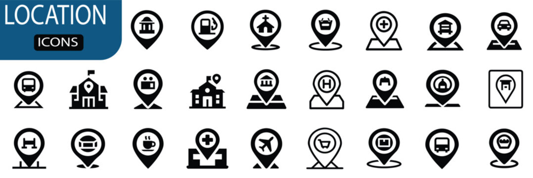 Location silhouette icon set, map pin pointer and navigation symbol, city landmark sign and destination marker, public service position, vector illustration with editable stroke.