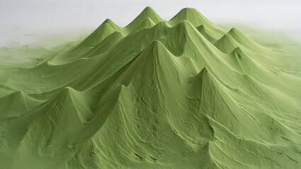 A 3d rendering of a green mountain range with textured surface and foggy background isolated on white background