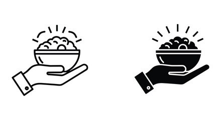 Hand Holding Bowl of Food Illustration in Black and White Style